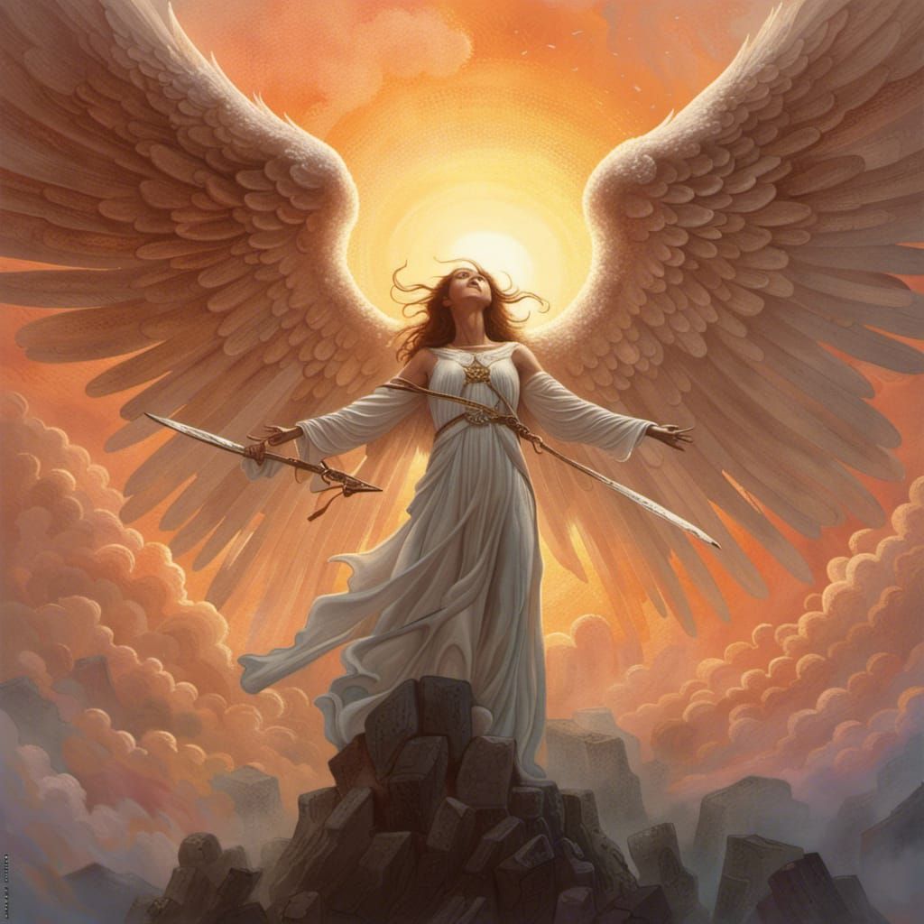 Valkyrie with Flaming Sword: Beksiński-Style Angel