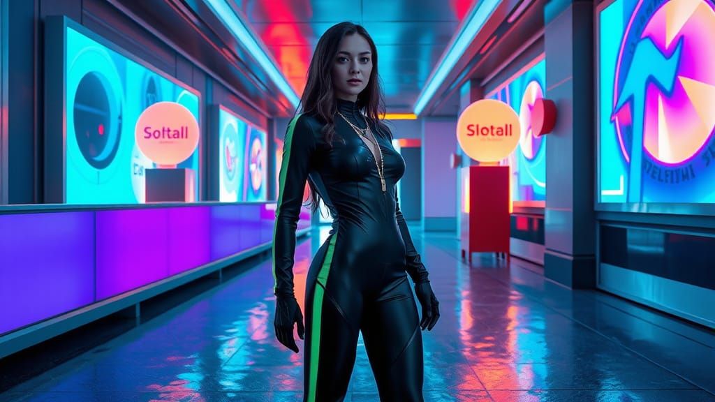 Futuristic Woman in Hologram-Filled Environment