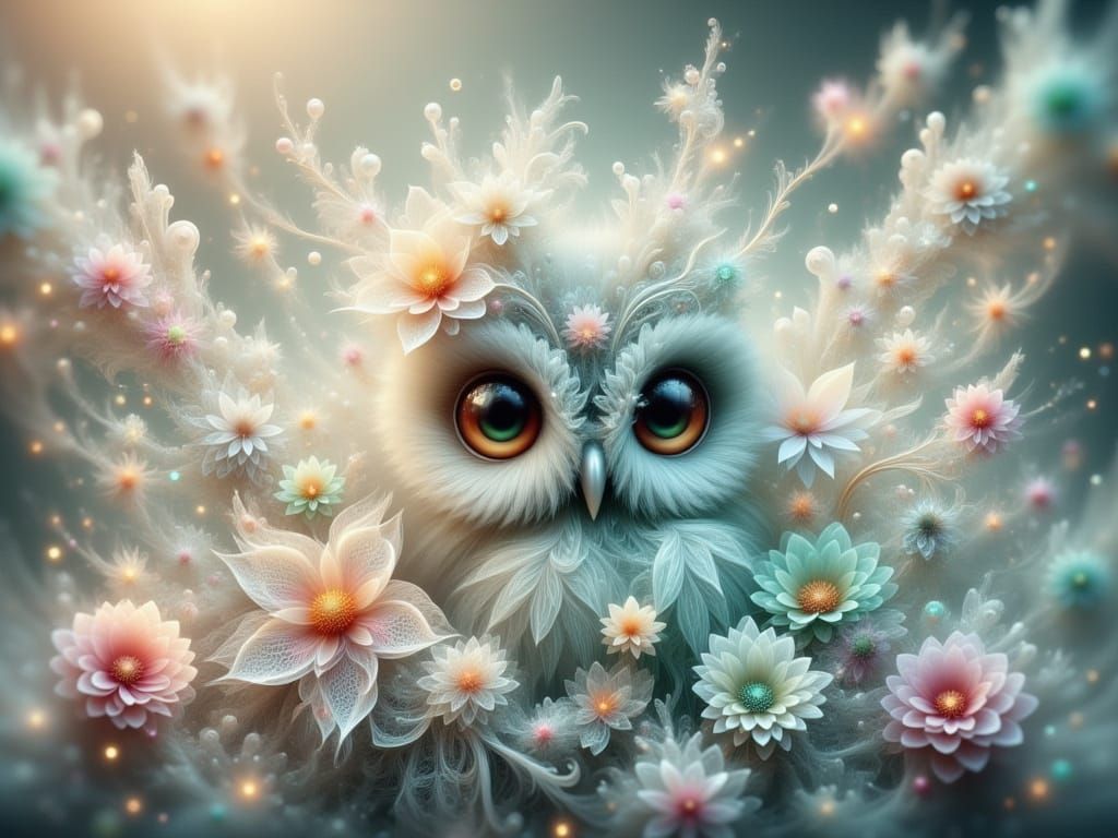 Ethereal Turquoise Owl in Whimsical Fractal Lace