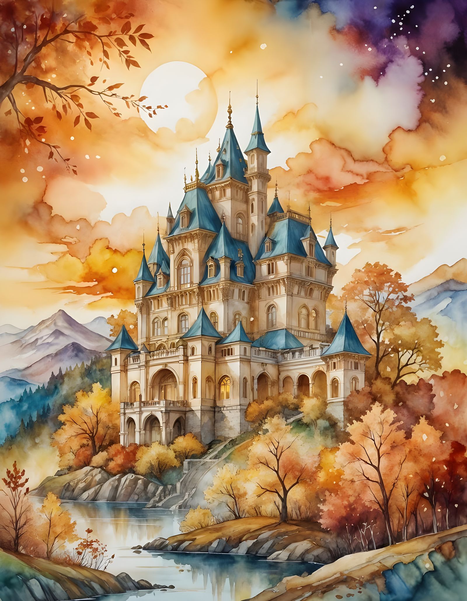 Dreamy Palace in Autumn Landscape Watercolor