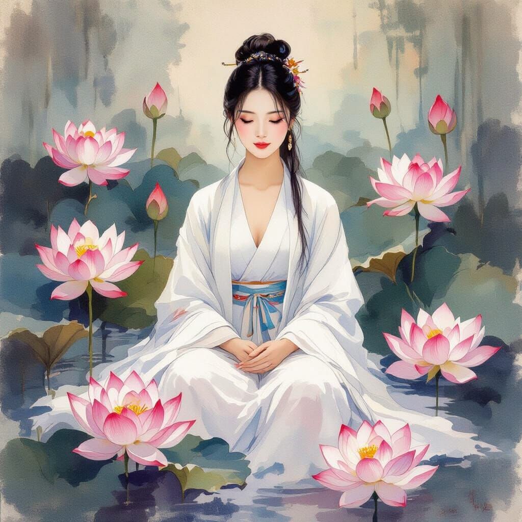 Ethereal Woman Surrounded by Lotus Flowers in Impressionist ...