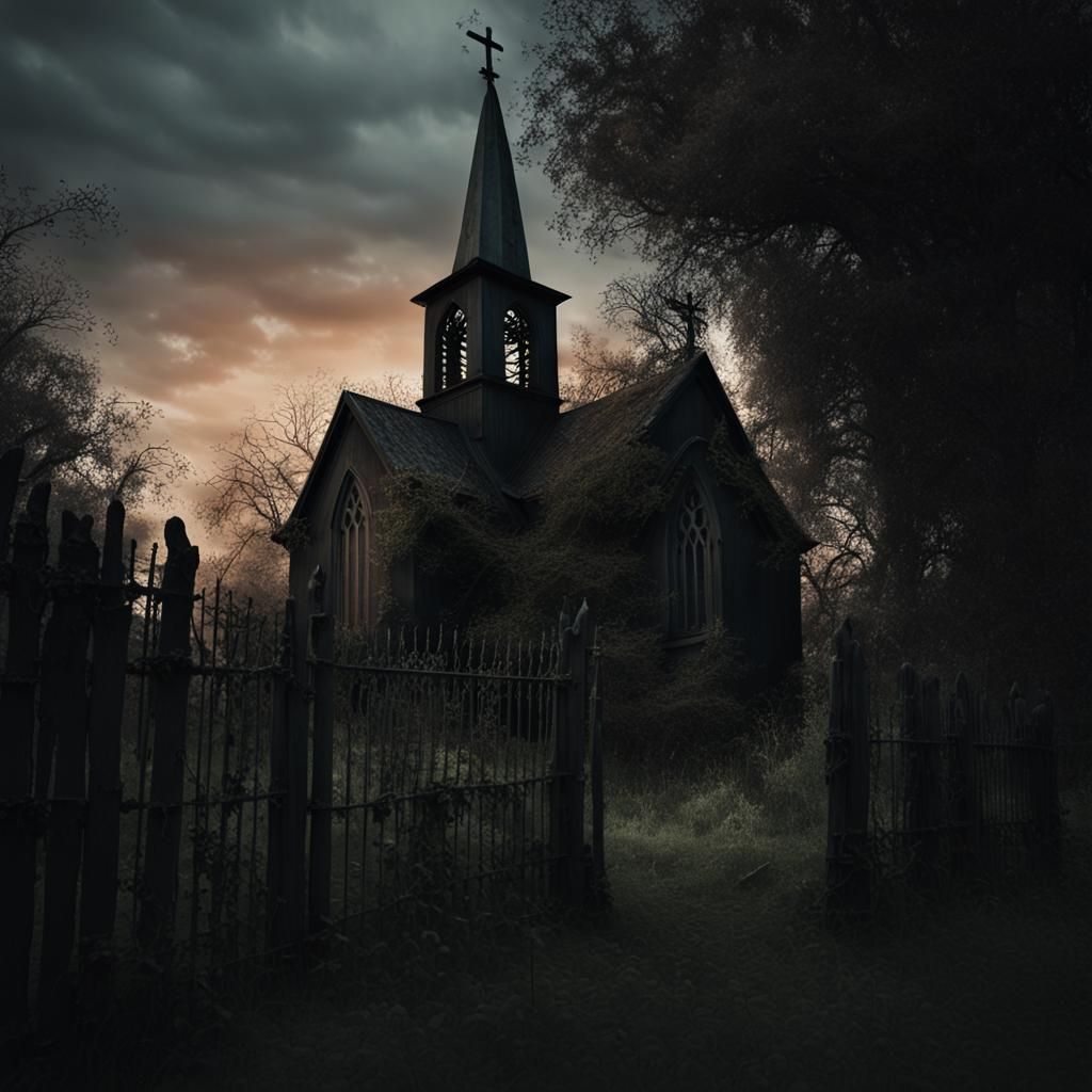 Mystical Black Wood Church in Overgrown Garden