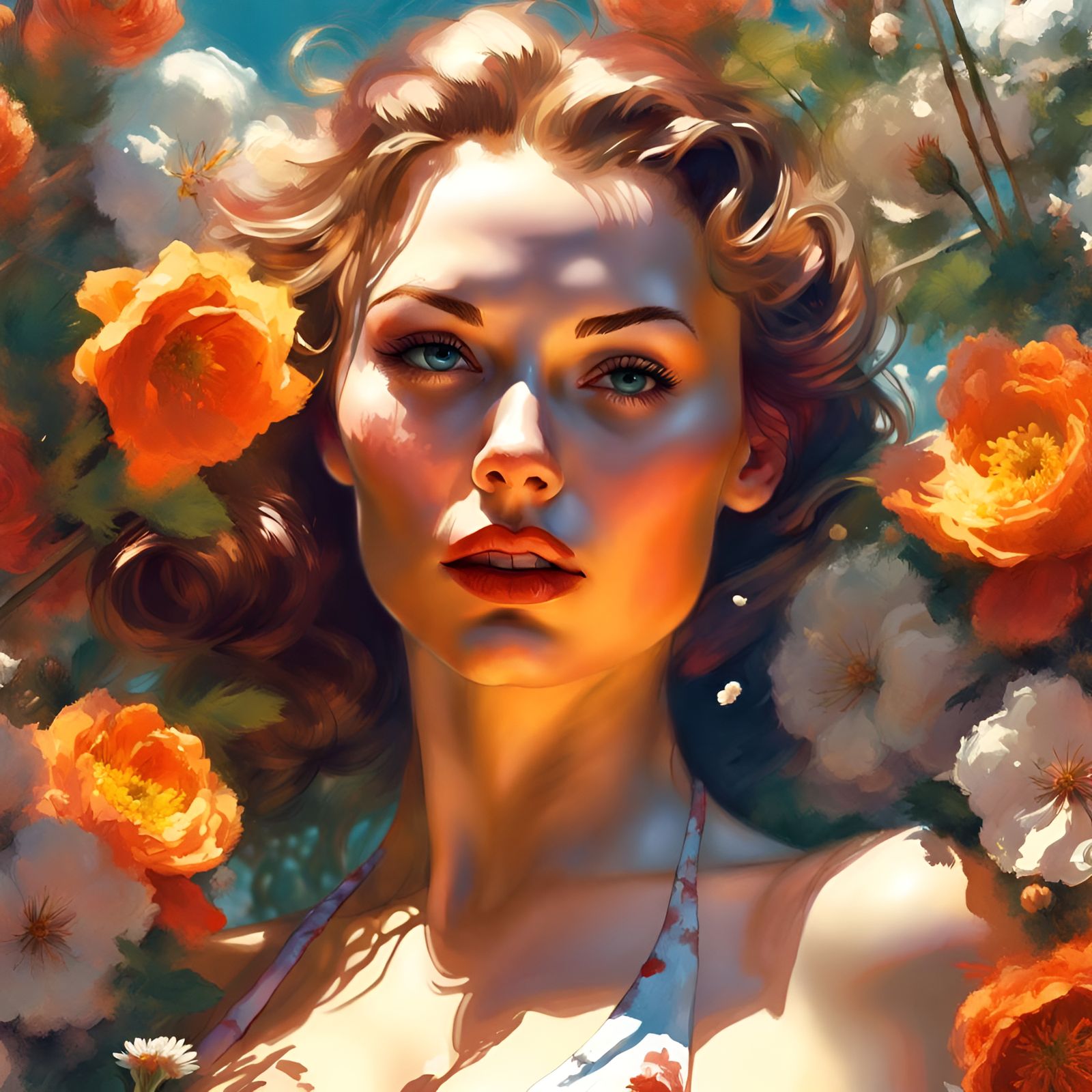 Gorgeous Woman in Bikini Portrait with Floral Background