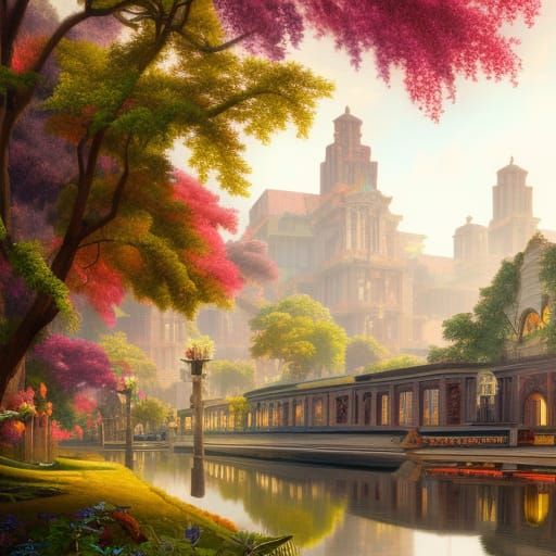 Art Deco Temples and Canal with Gardens