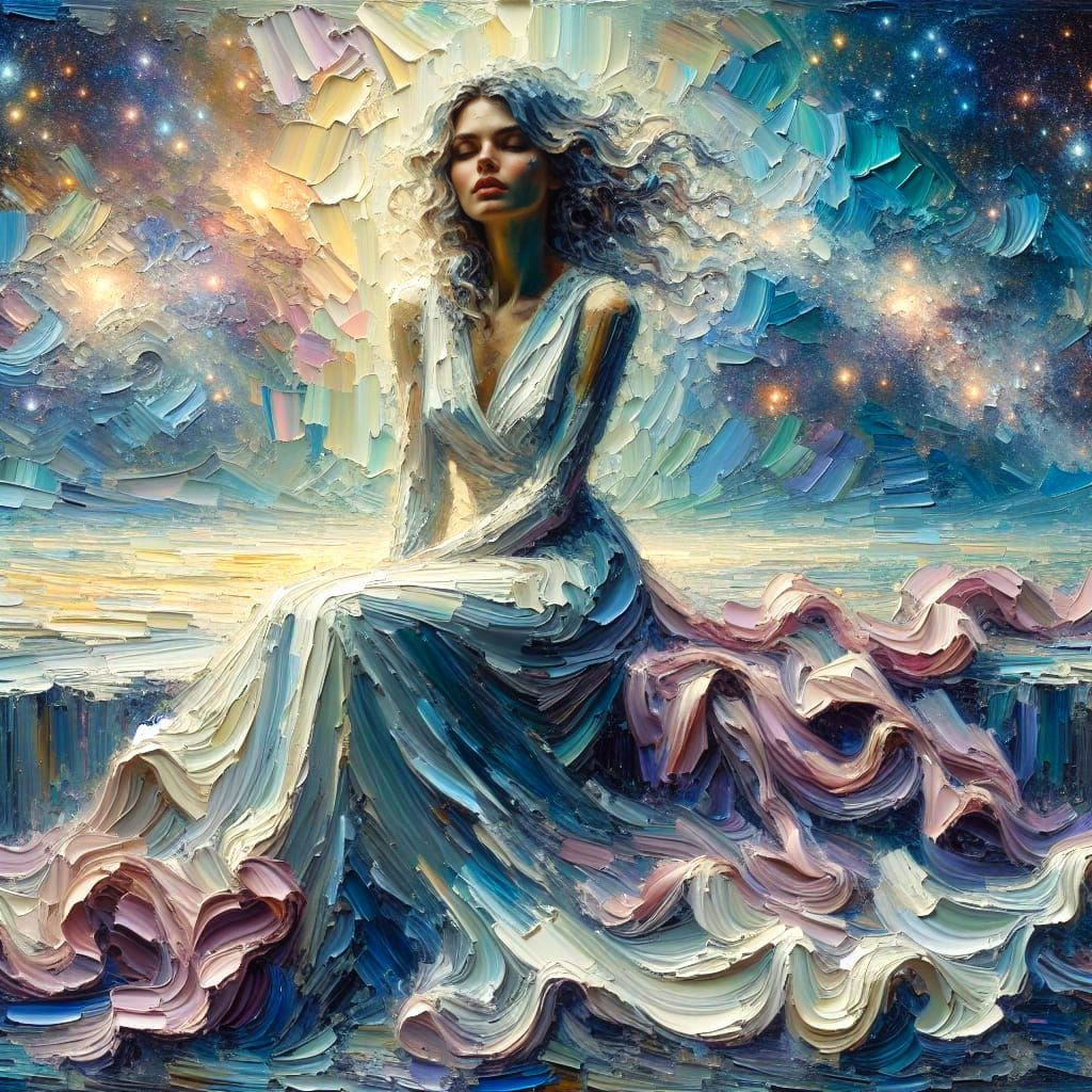 Ethereal Woman on Universe Edge in Impasto Style