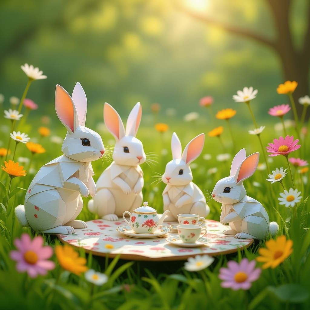 Magical Rabbit in Flower Meadow Papercraft Art