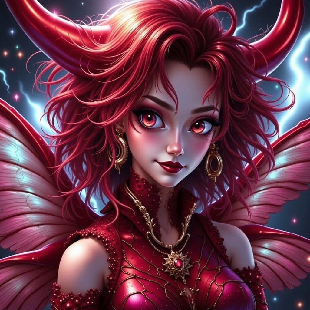 Cyberpunk Woman with Metallic Eyes in Red Hues