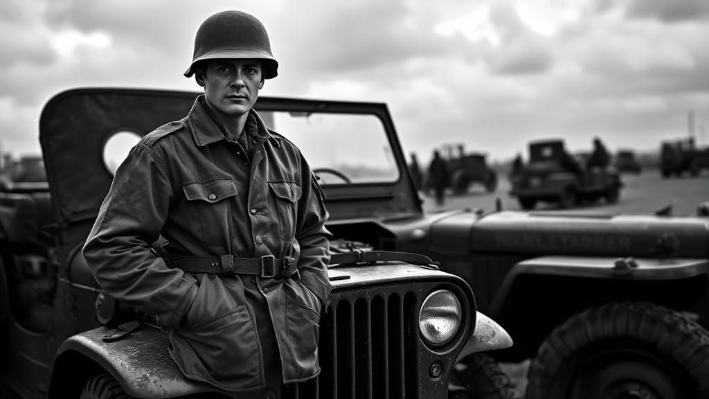 Wartime Photo of Soldier and 1940s Jeep