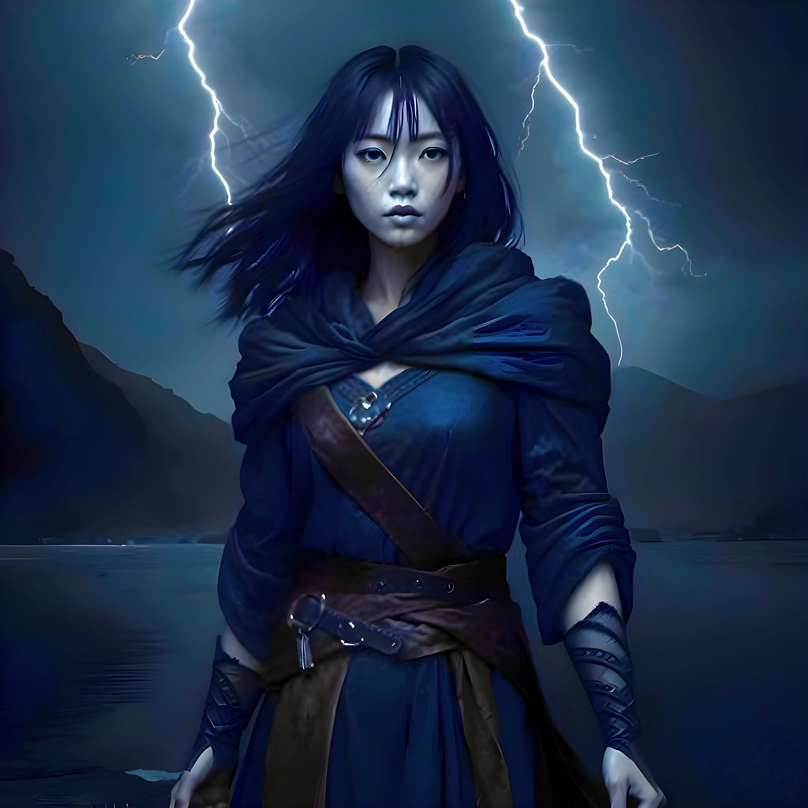 Dark Fantasy Korean Goddess in Stormy Weather