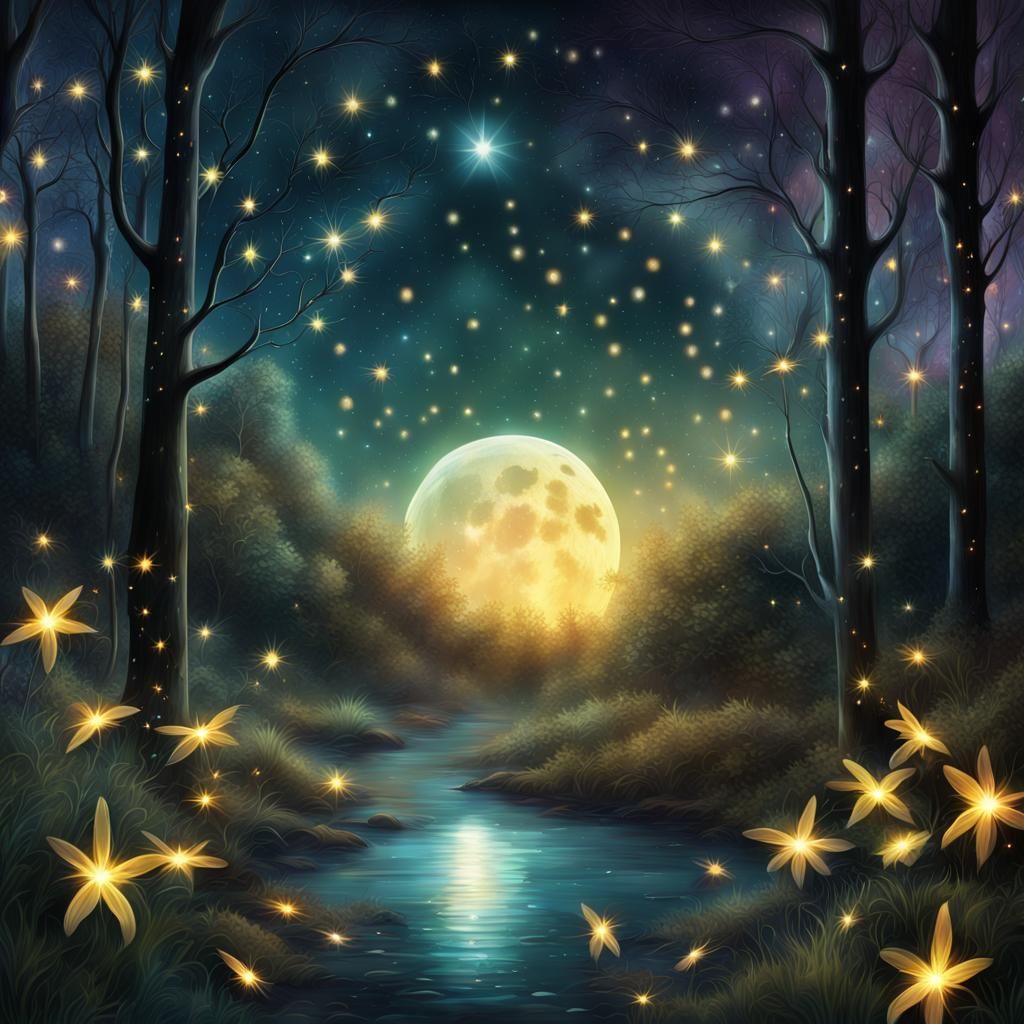Fireflies Under Jeweled Stars in Fantasy Illustration
