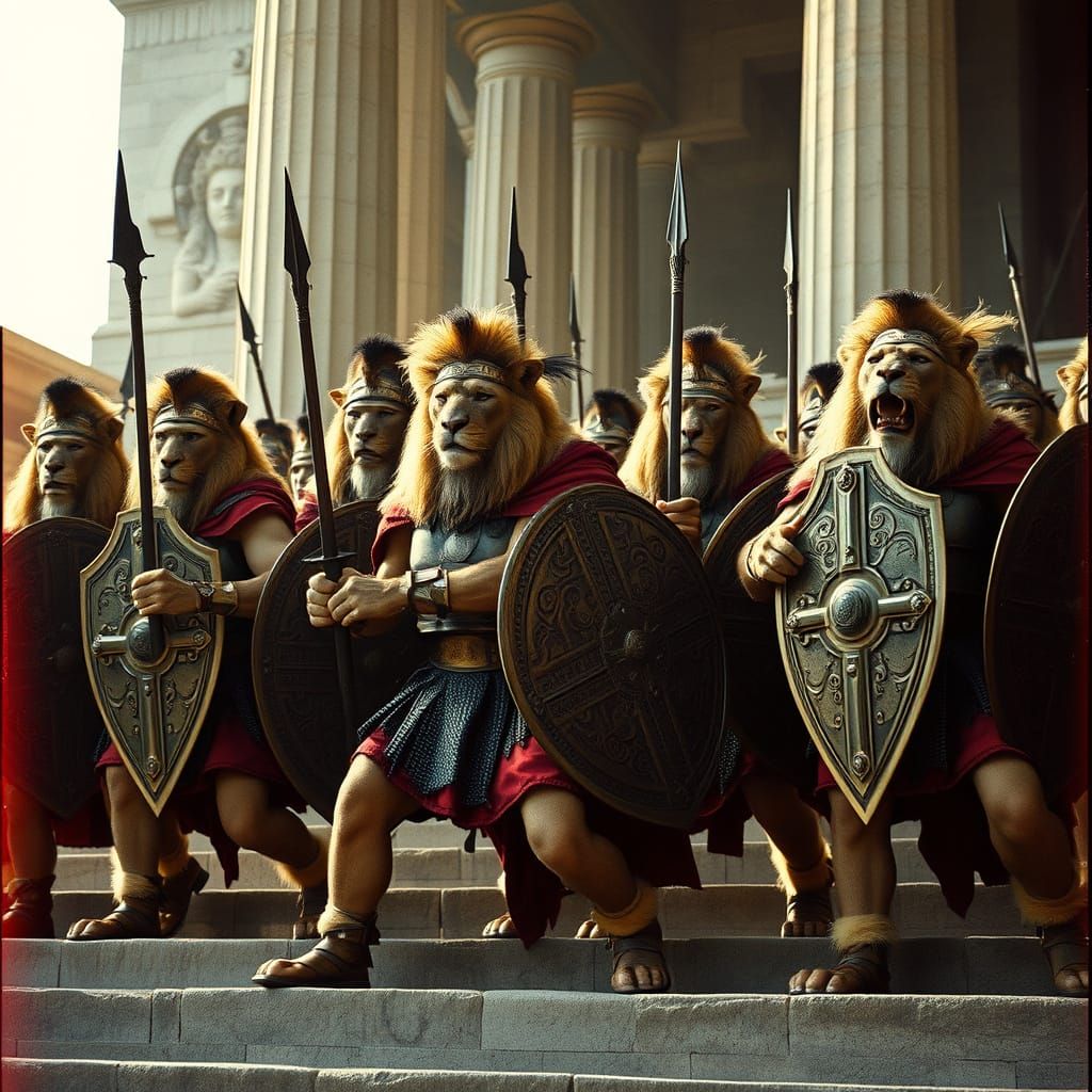 Lion Warriors Defend Temple in Zack Snyder Style
