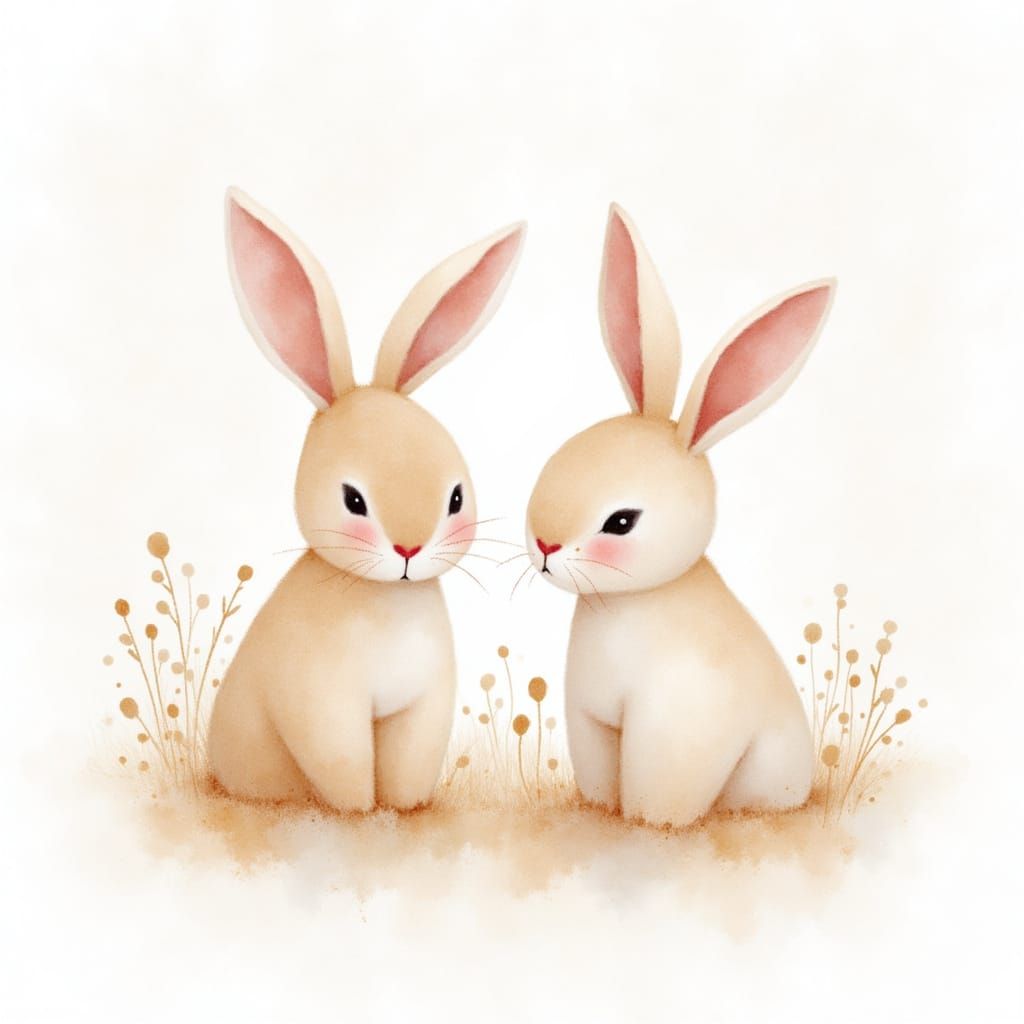 Two Adorable Fuzzy Rabbits in Minimalist Watercolor Style