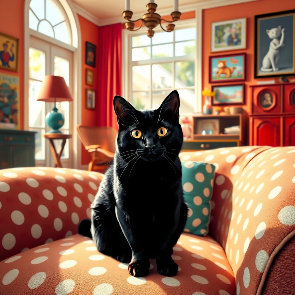 Black Cat on Polka Dot Sofa, Playful Expression
