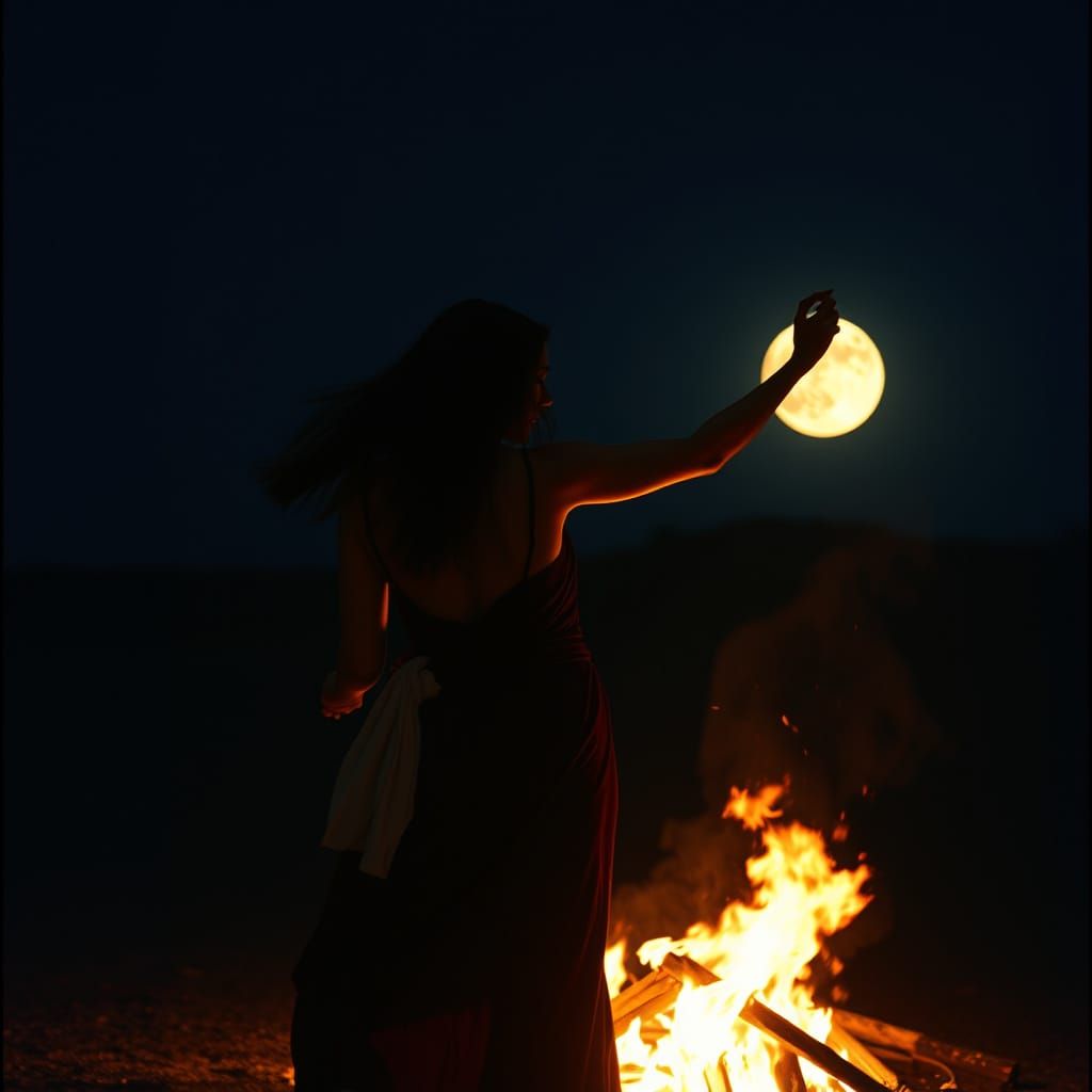 Dramatic Film Still of Woman Dancing by Fire