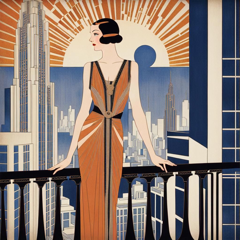 Art Deco Woman on Balcony with Geometric Skyline