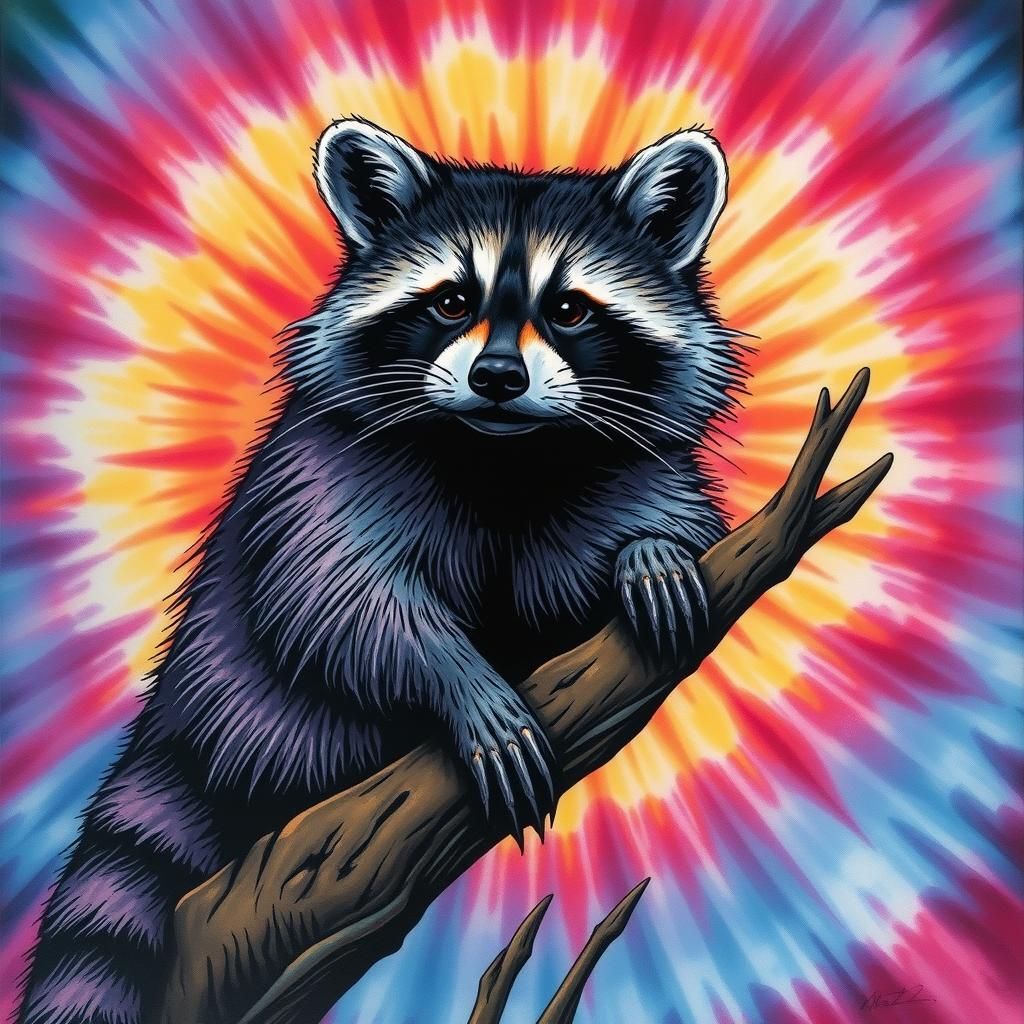 Raccoon in Tie Dye Comic Book Art