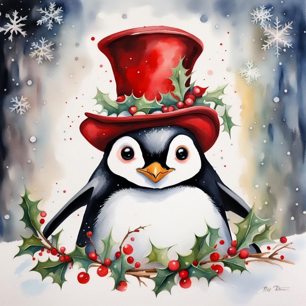 Festive Mad Hatter Penguin in Watercolor
