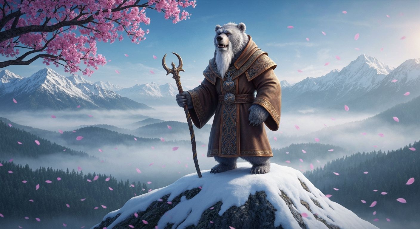 Wise Druid Bear Overlooks Misty Valley