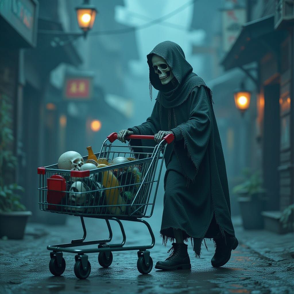 Mystical Skeleton Shopper in Dark Fantasy Style