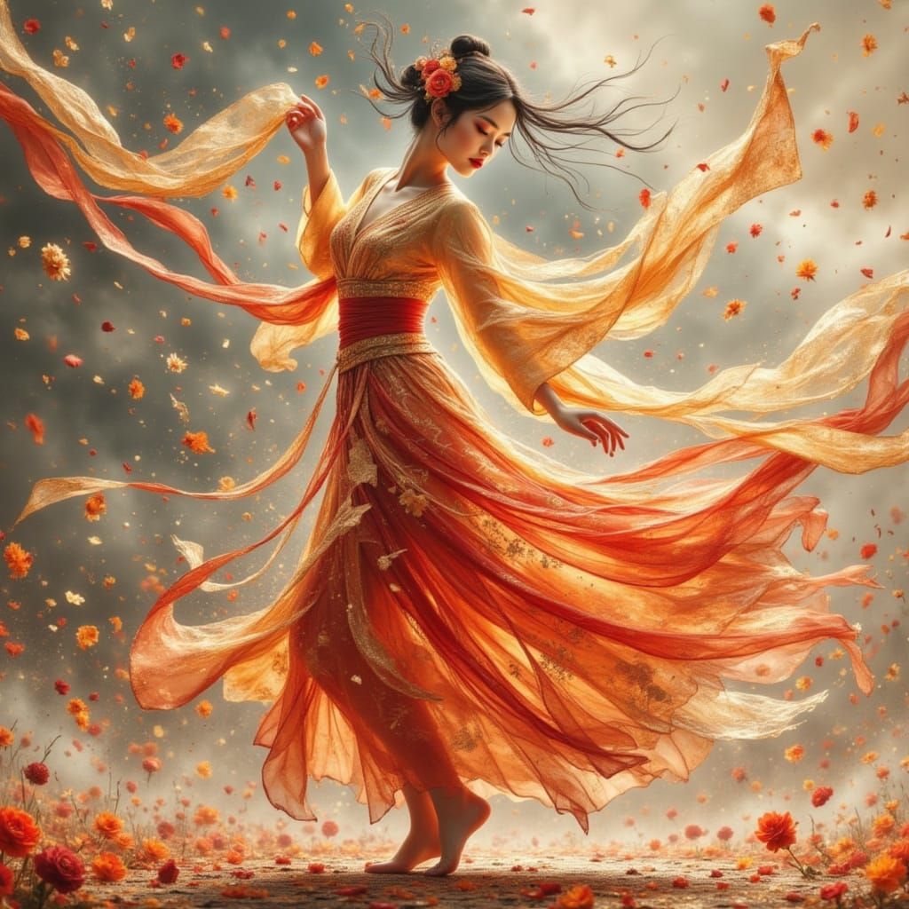 Han Dynasty Ribbon Dancer in Fiery Anime Style