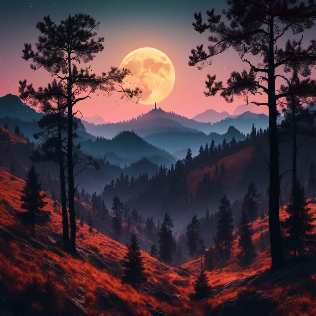 Mountain Silhouette at Twilight with Crescent Moon