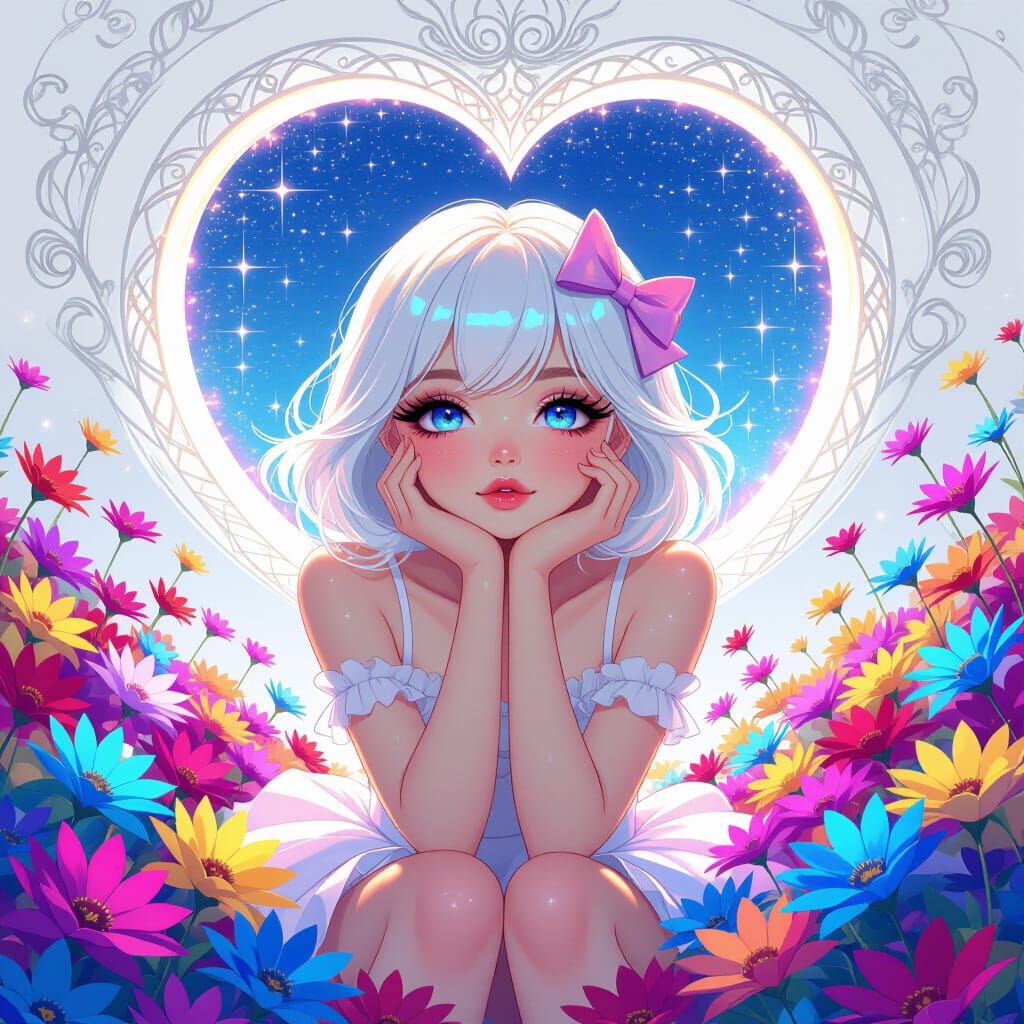 Girl in Rainbow Flower Field with Heart Portal