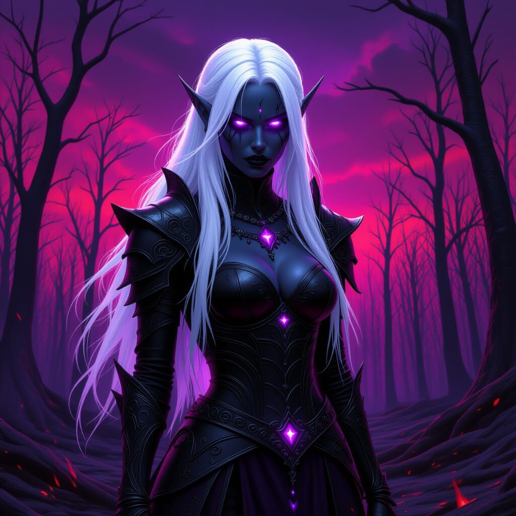 Dark Elf Sorceress in Blighted Forest, Surreal Fantasy