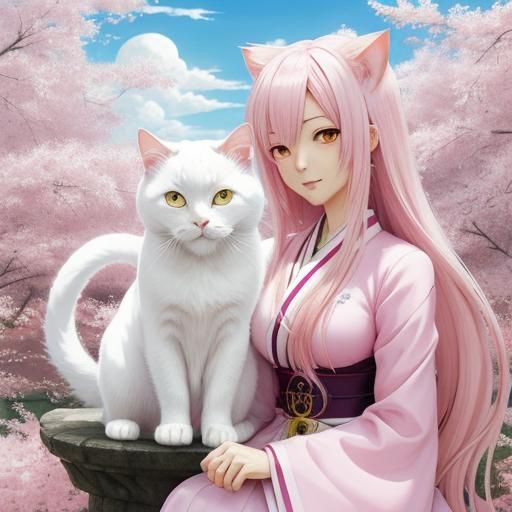 Pink-Haired Anime Girl with White Cat
