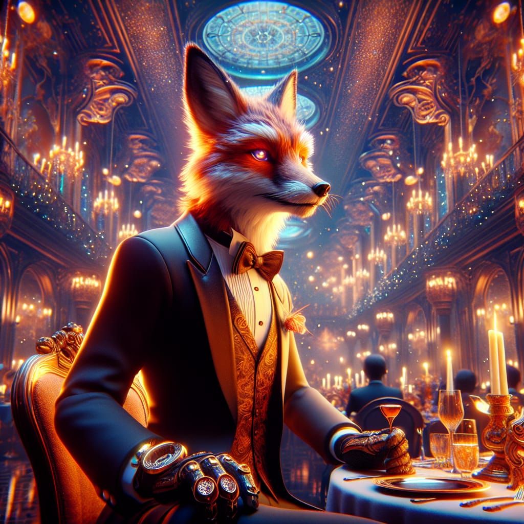 Anthropomorphic Fox in Tuxedo at Lavish Dinner Party