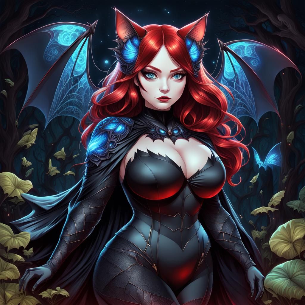 Anime Cat-Woman with Bat Wings in Magic Forest