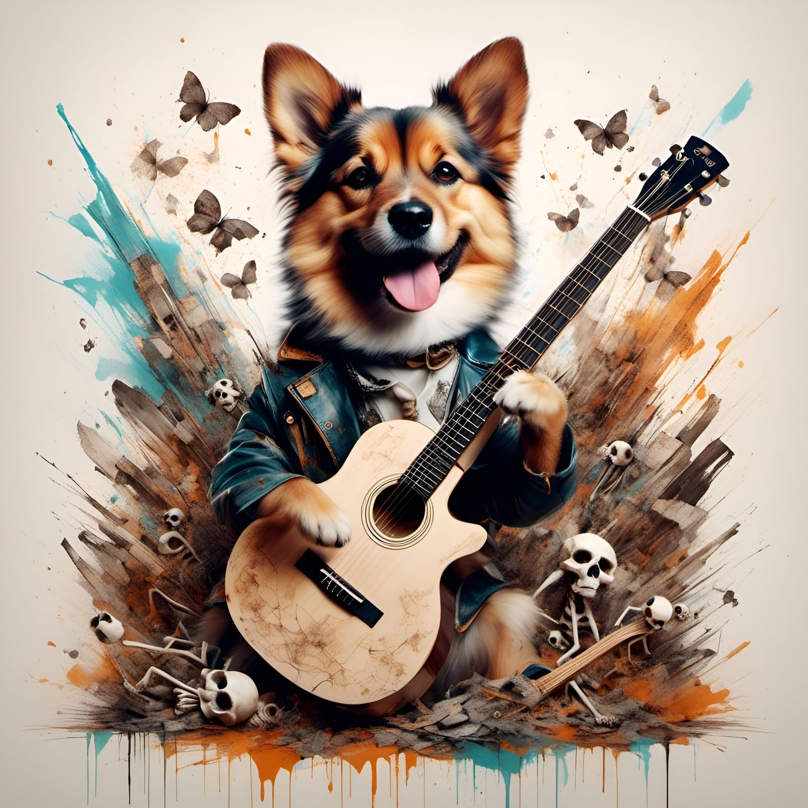 Dog Plays Guitar in Whimsical Bone Scene