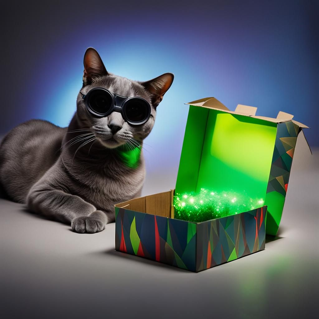 Korat Cat in Welding Goggles with Glowing Box