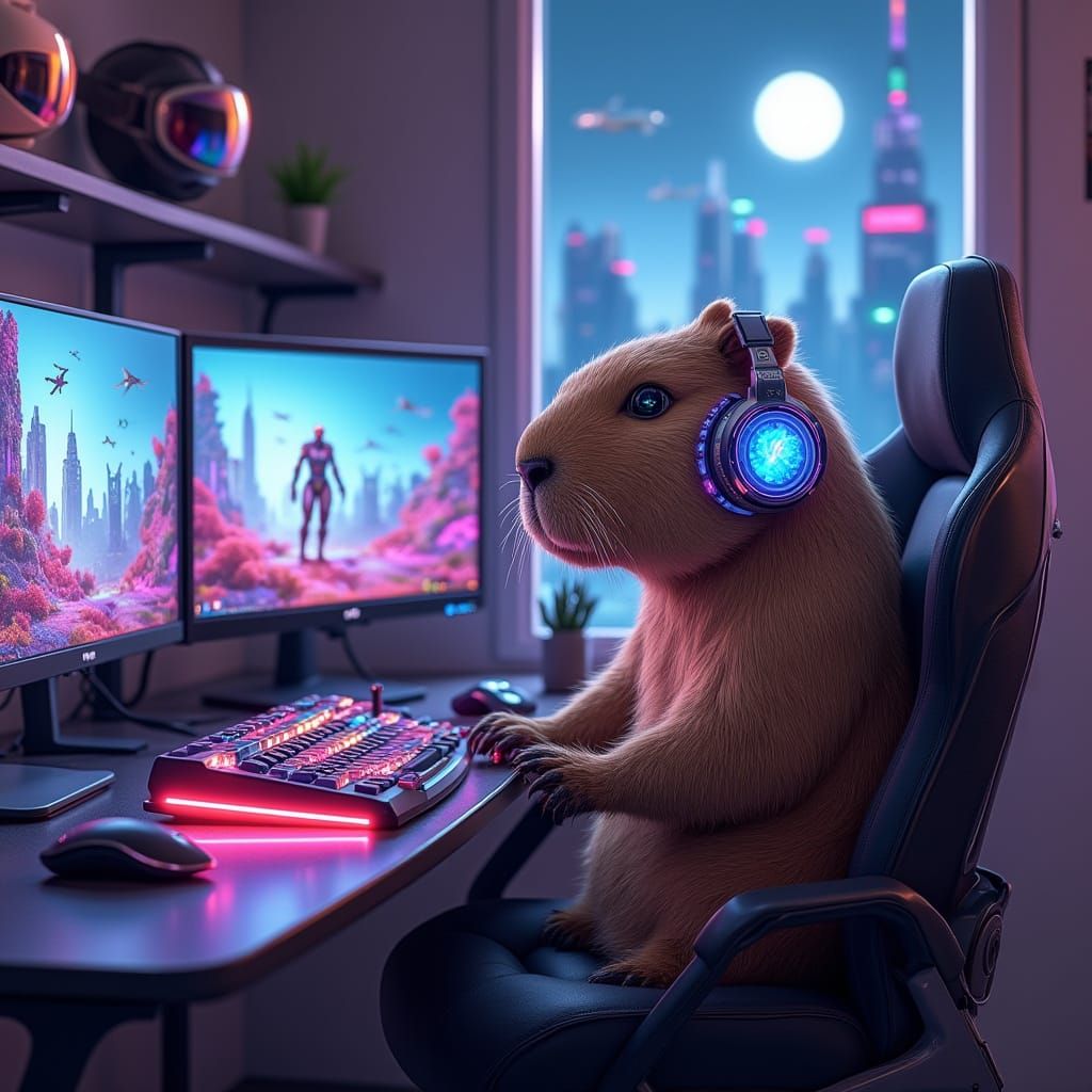 Capybara Gamer in Futuristic Lair