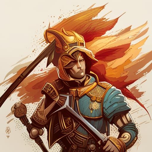 Roman Soldier with Luminous Colors and Golden Outlines