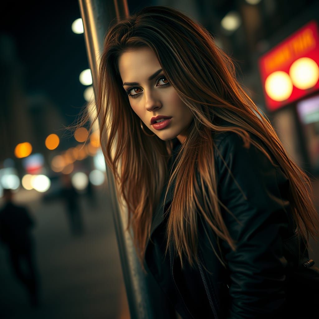 Gritty Urban Rebel Woman in Black Leather Jacket