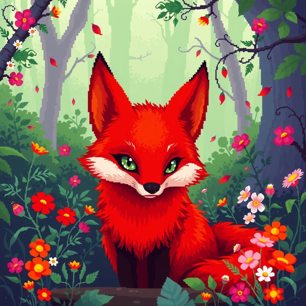 Crimson Fox in 8-Bit Whimsical Forest