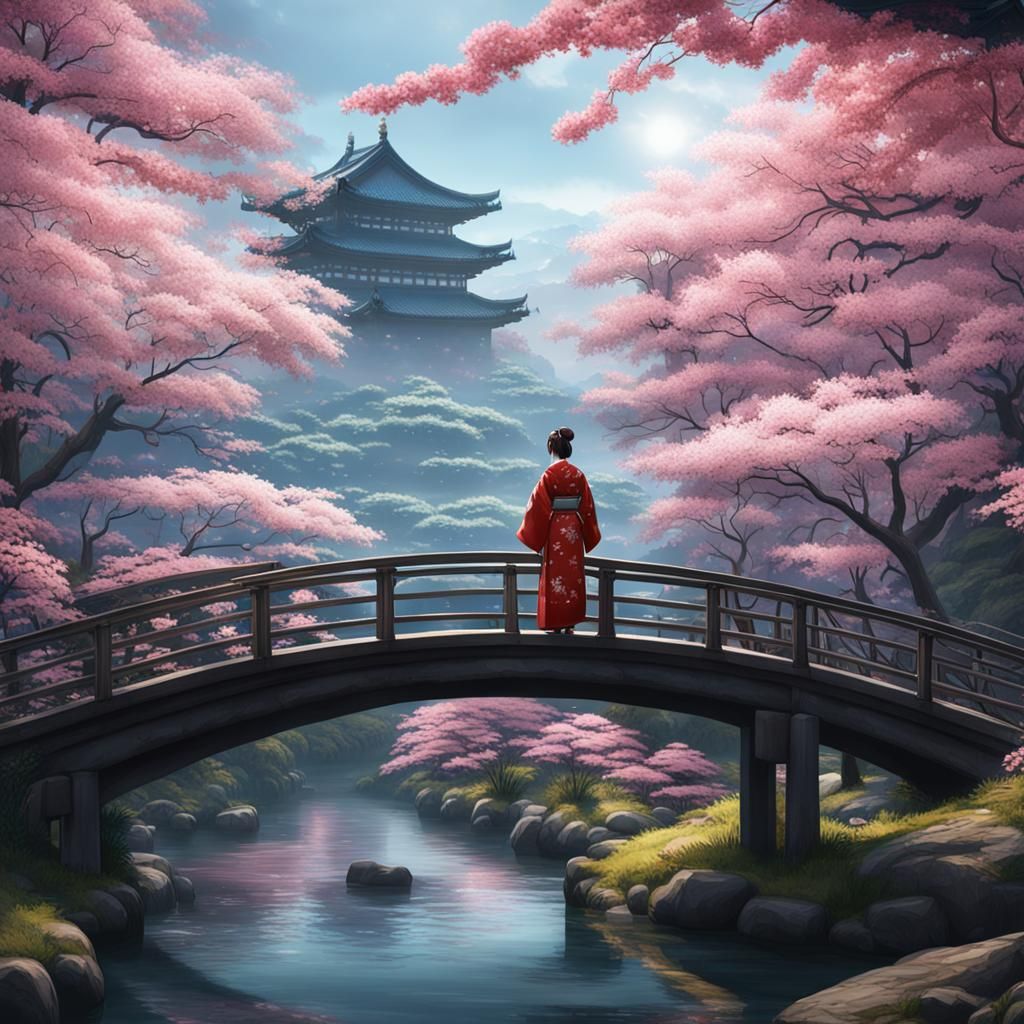 Girl in Kimono by Sakura River
