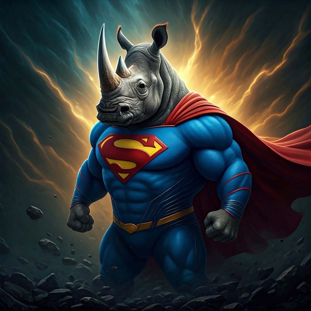 Vibrant Superman-Inspired Rhinoceros Superhero Leaps into Ac...