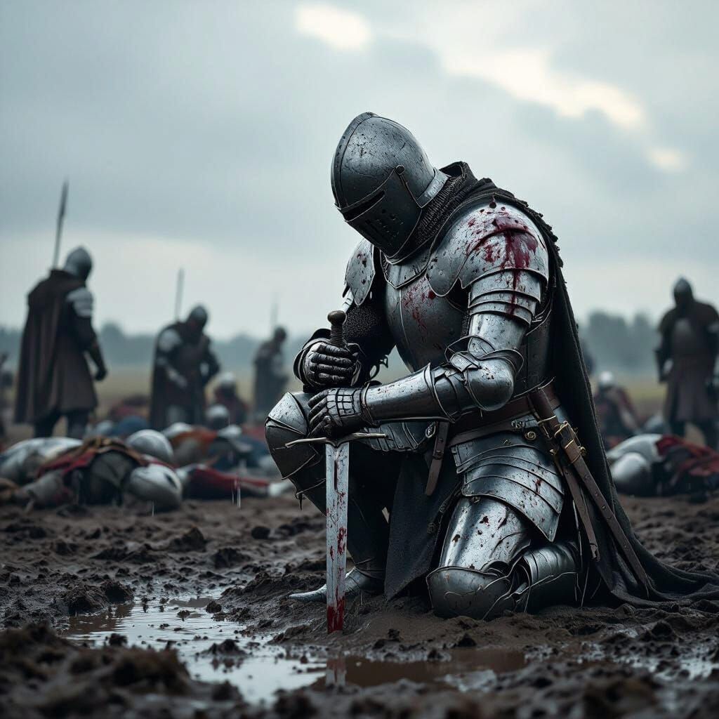 Knight Mourns Fallen Comrades on Muddy Battlefield