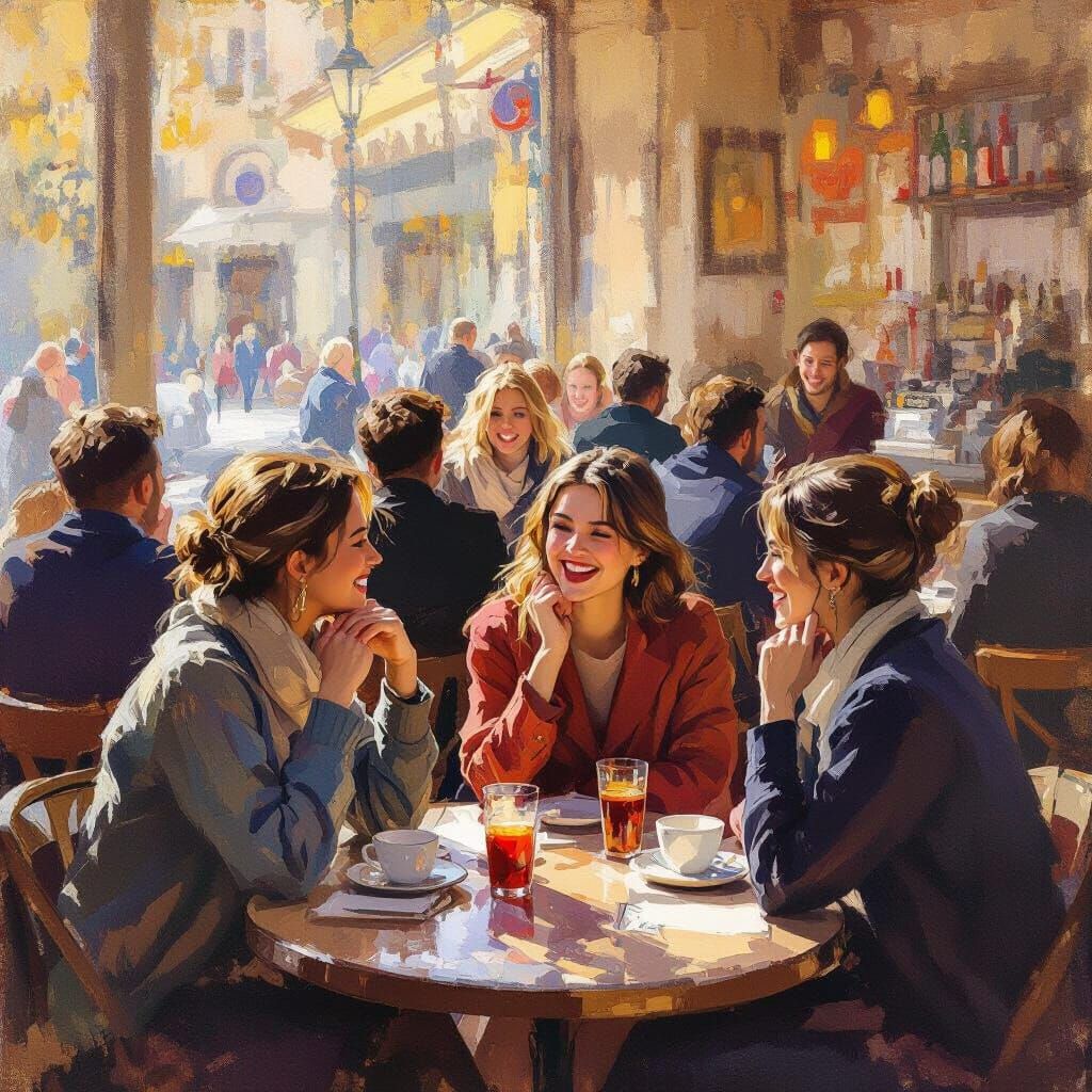 Bustling Cafe Scene with Joyful Visitors in Impressionist St...