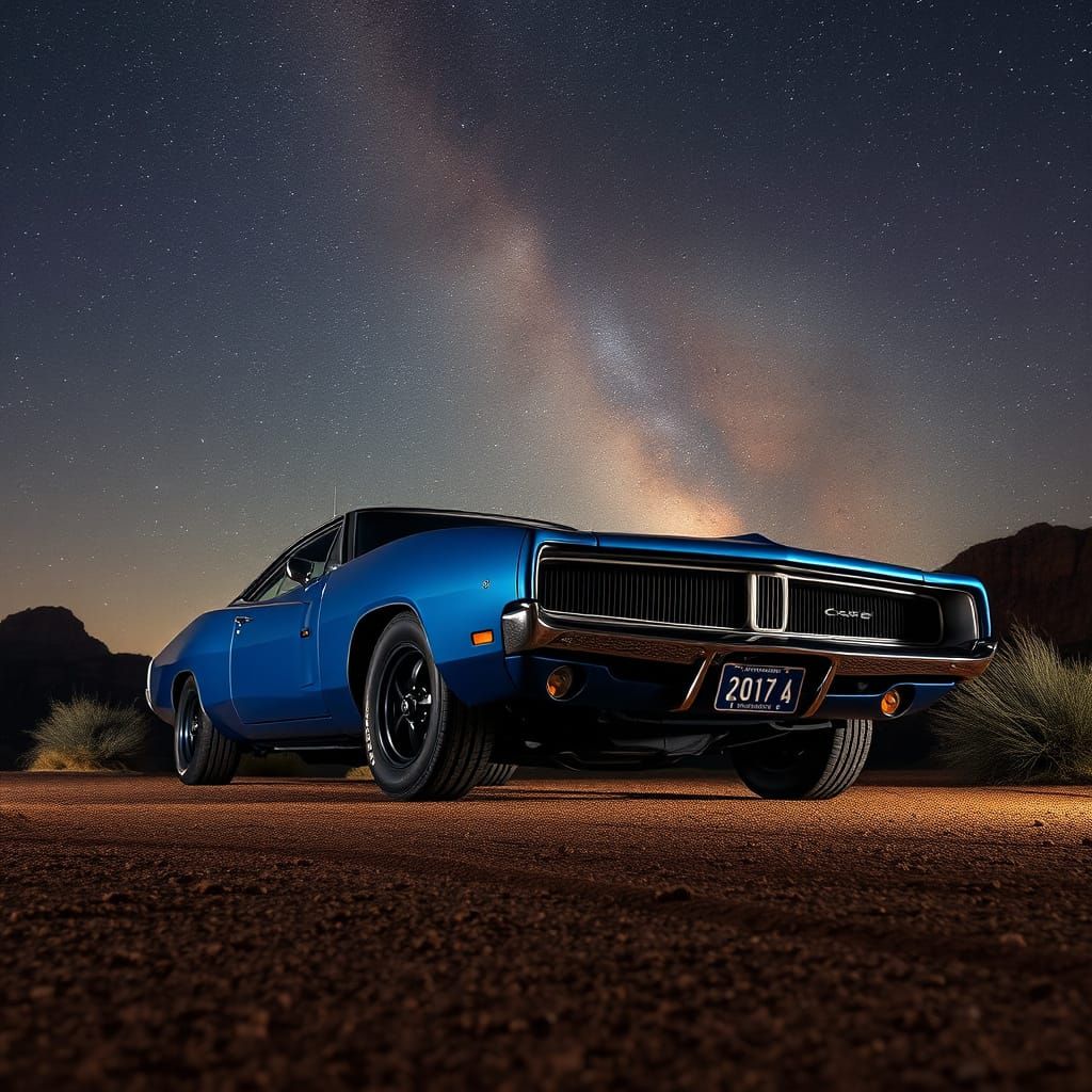 A gleaming 1969 Dodge Charger R/T, painted in a deep metalli...