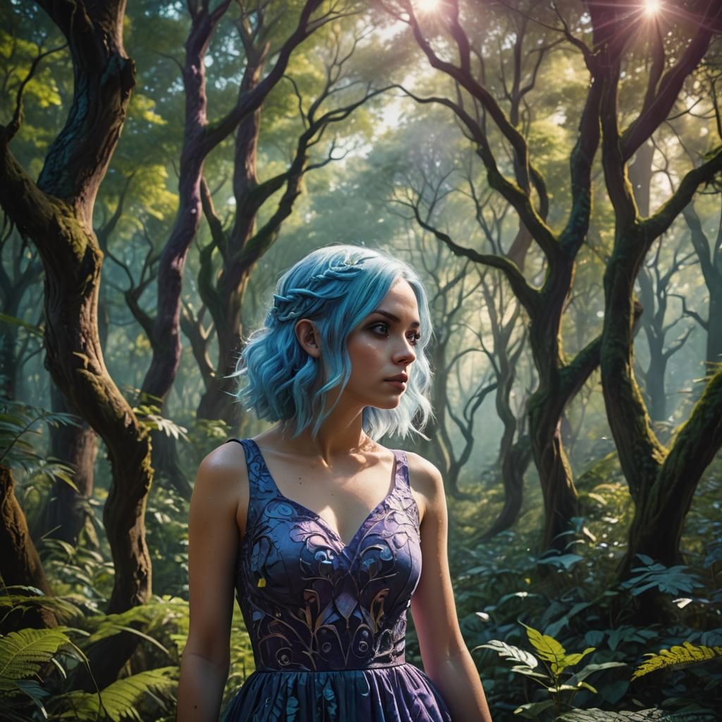 Girl in Blue Dress in Lush Forest