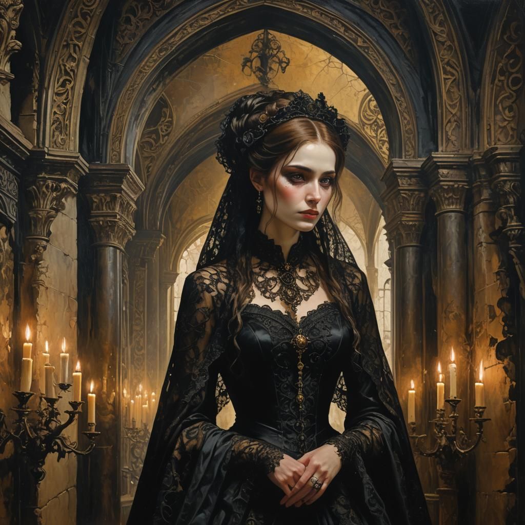 Gothic Woman in Shadows: Oil Painting