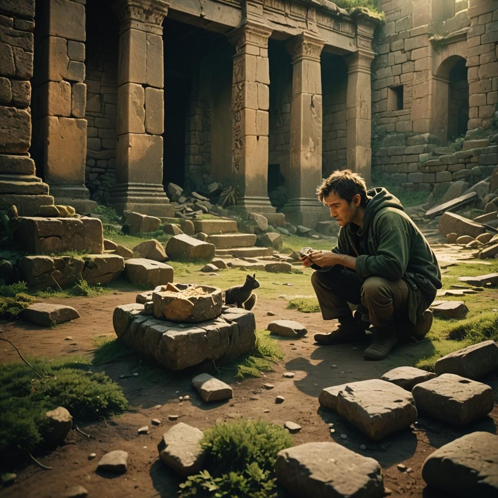 Trico Eating Among Ancient Ruins: Cinematic Film Still