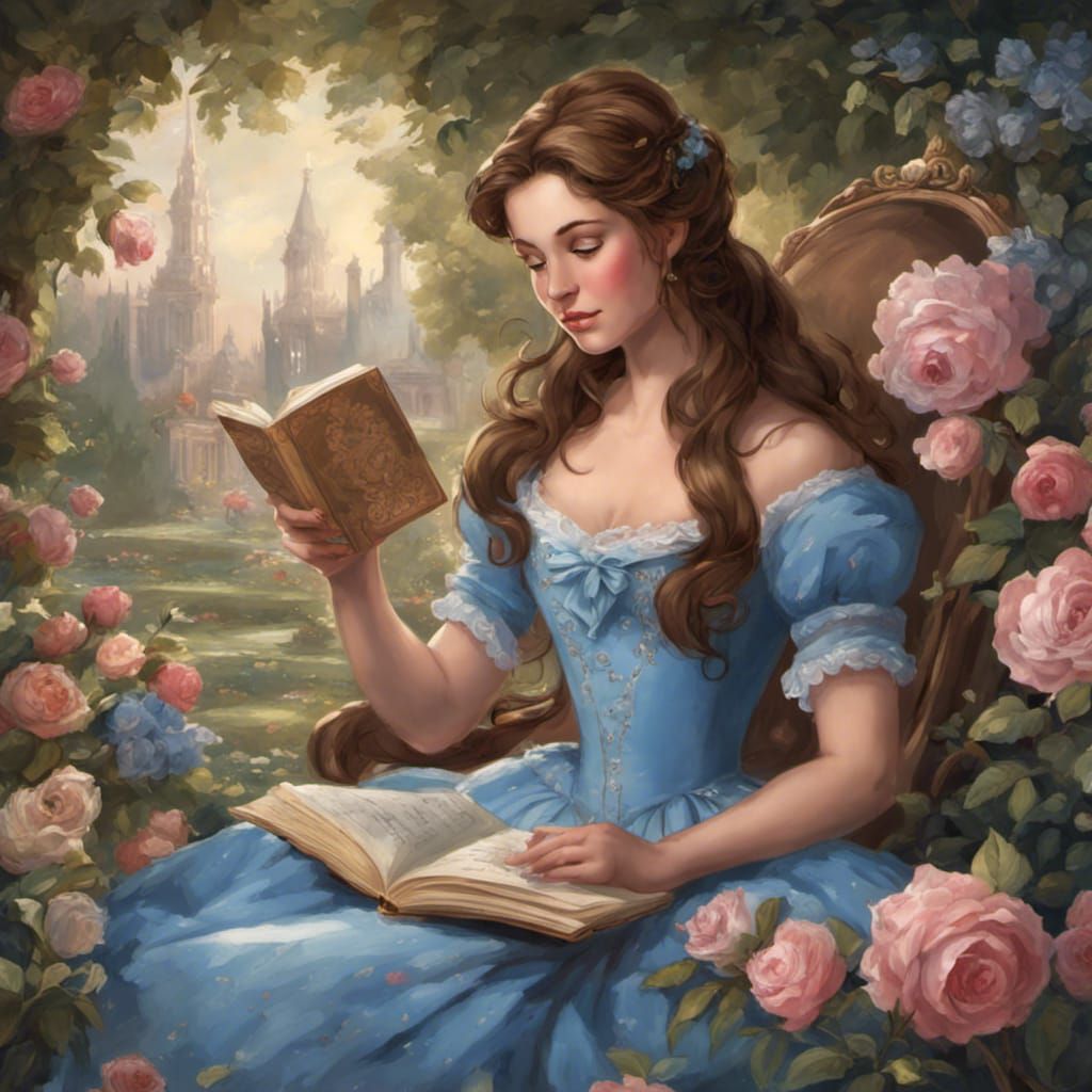 Belle in Rococo Garden Reading a Book
