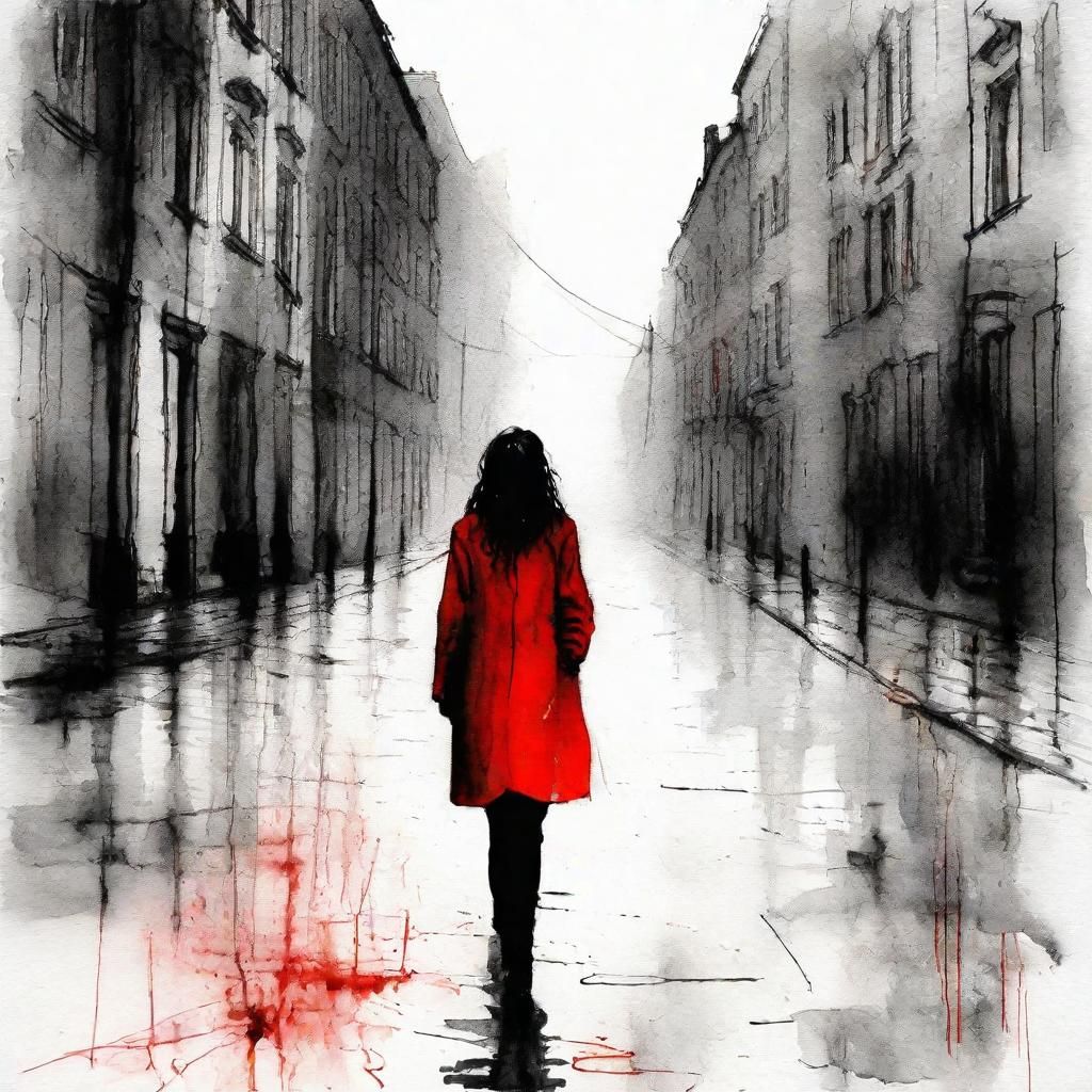 Melancholy Woman in Rain: Minimalist Watercolor