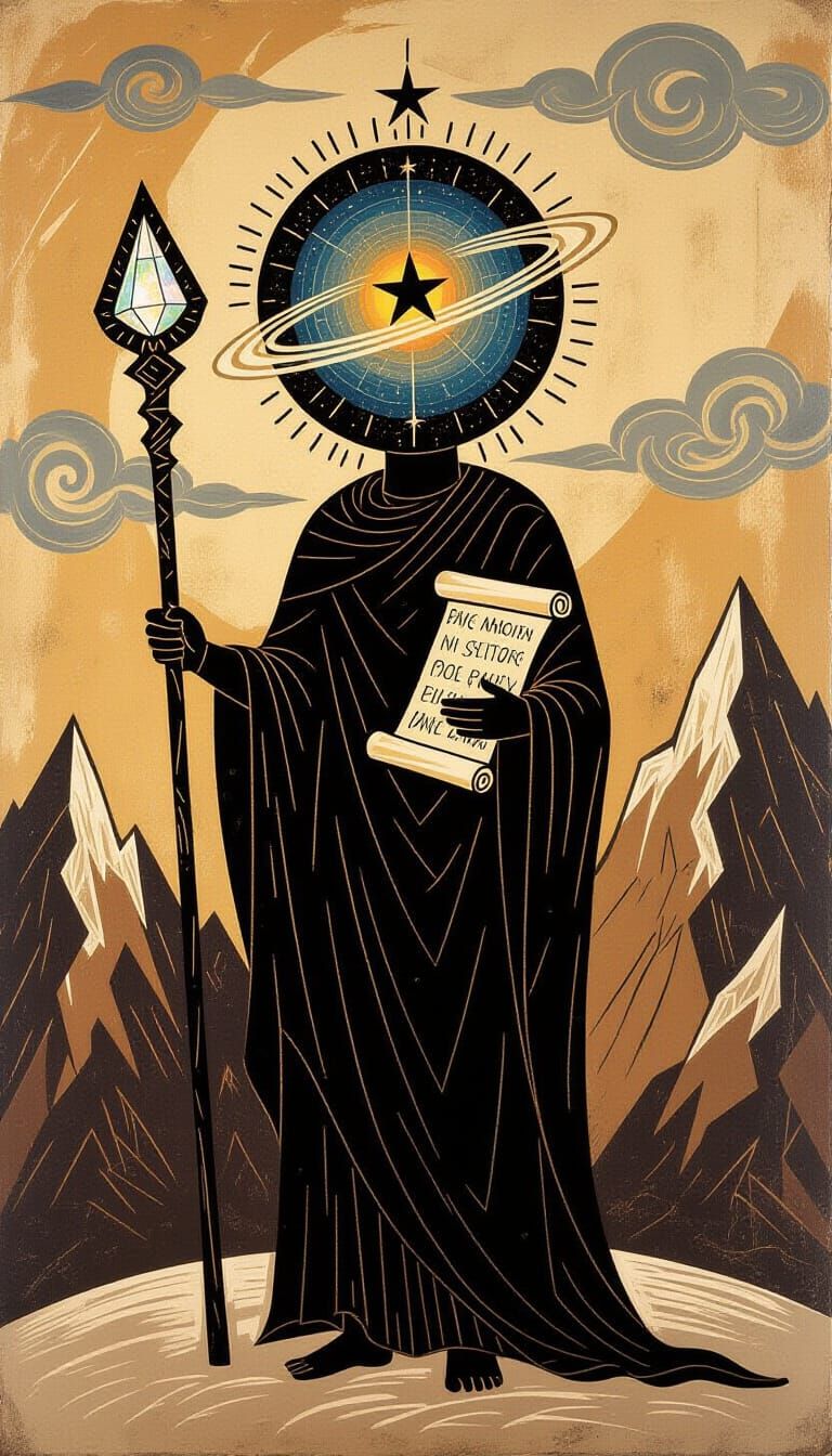 Ancient Cave Painting of Cosmic Being with Star Orb Head