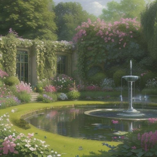 English Countryside Garden in Impressionist Style