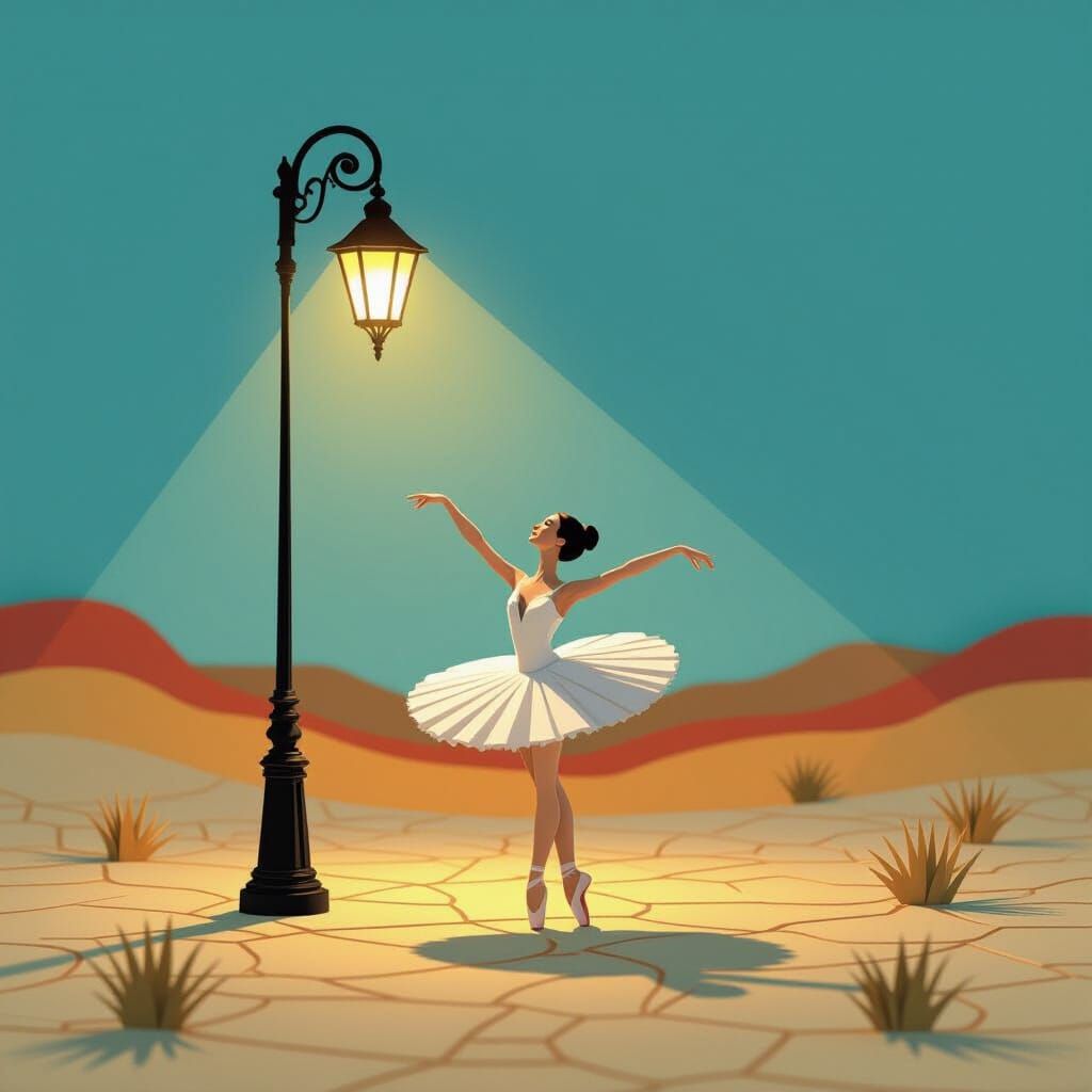 Ballerina Dances in Desert Under Ornate Streetlamp