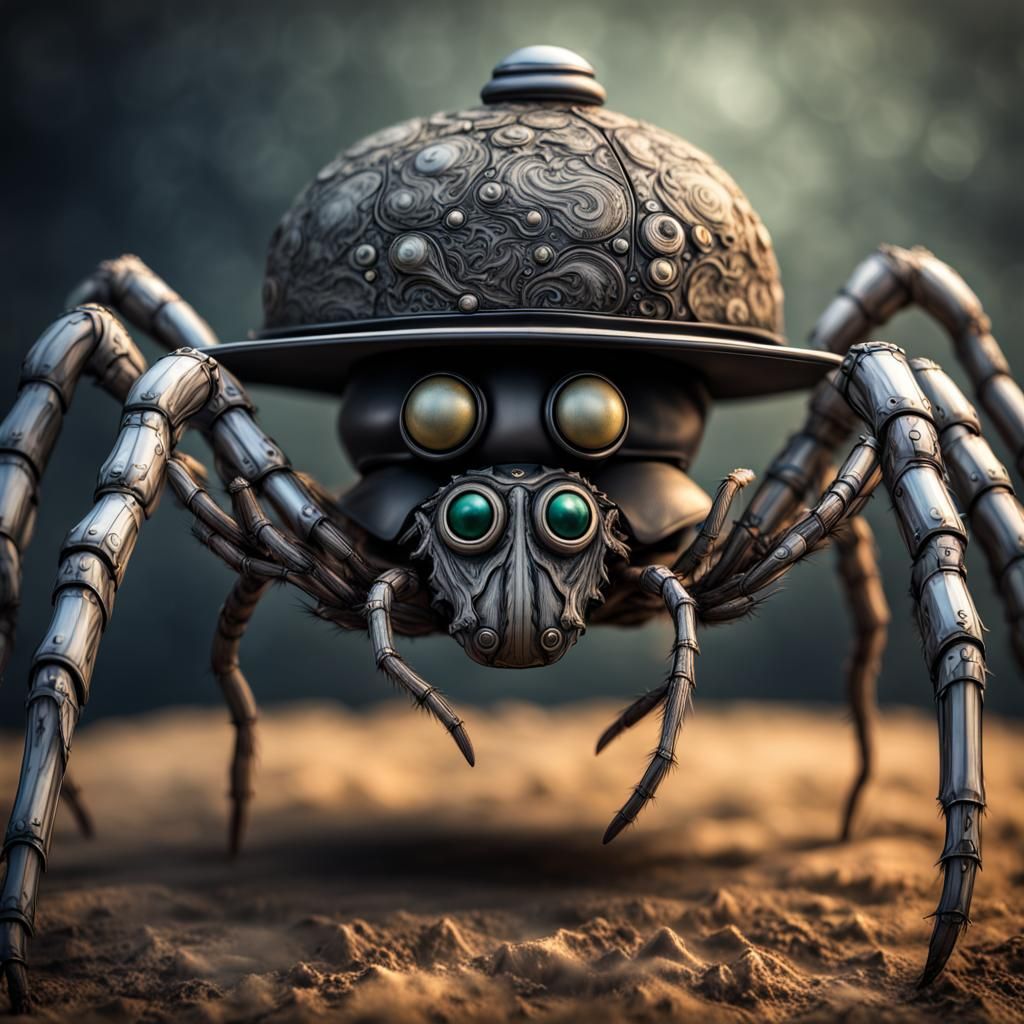 Hyperrealistic Robot Spider Wearing Napoleon Hat